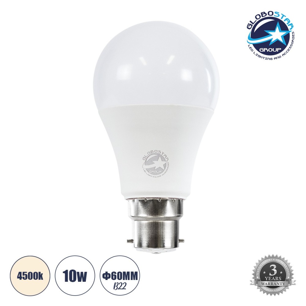 GLOBOSTAR® GLOBE 60052 Λάμπα B22 A60 LED 10W 970lm 360° AC 220-240V IP20 Φυσικό Λευκό 4500K - Lumileds SMD Chip - Λευκό Γαλακτερό - Μ6 x Π6 x Υ11cm - 3 Χρόνια Εγγύηση